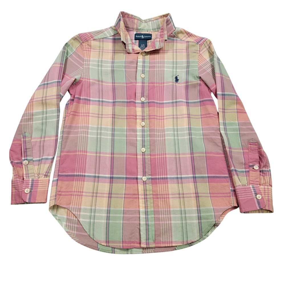 Kids Ralph Lauren Pink Green Plaid Button Down Shirt, Pink, Size Small 8